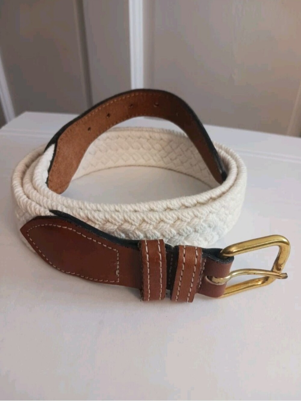Vtg Dockers Woven Canvas White Belt , Brass Buckle Sz 38 #2321 Made In USA